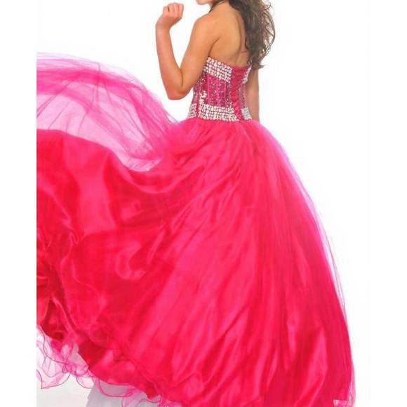NEW PRECIOUS FORMALS beaded strapless tulle gown in fuchsia - Picture 2 of 3